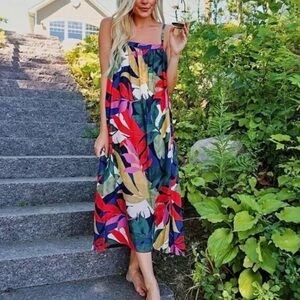 A New Day Sleeveless Trapeze Tropical Print Midi Dress Size Small